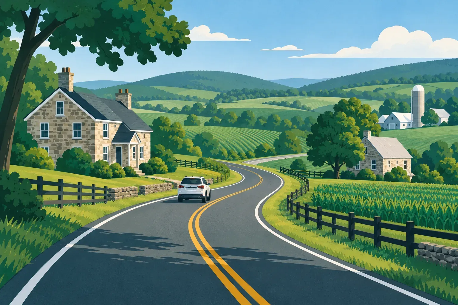 A road through rolling farmland with stone farmhouses, a typical landscape of Pennsylvania