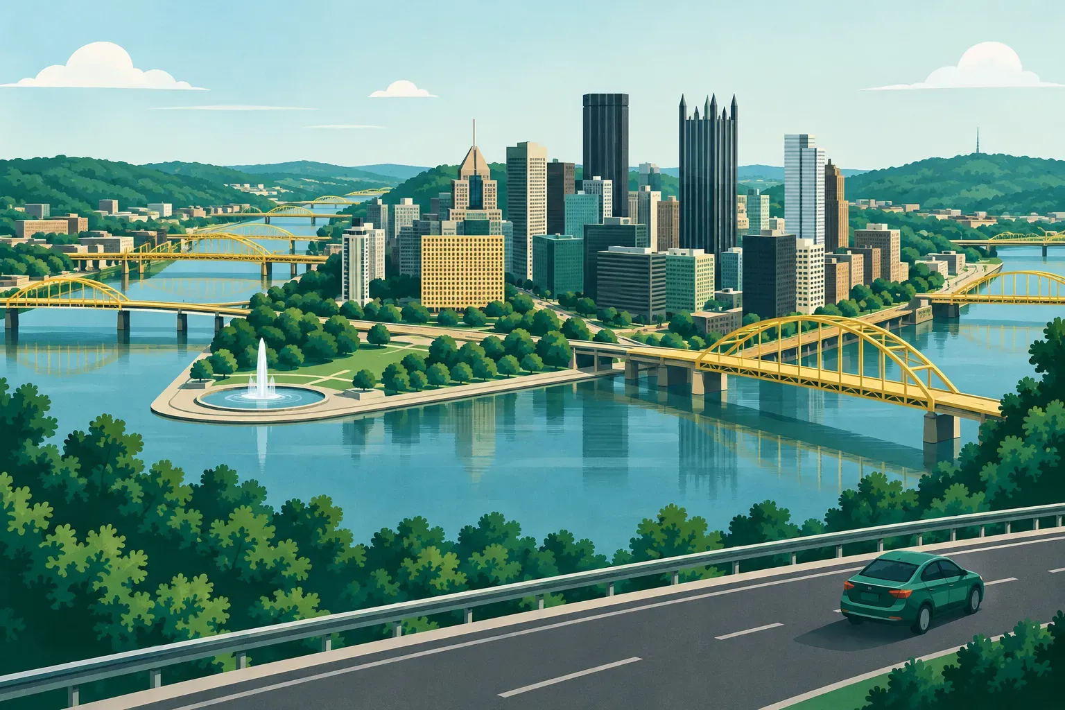 The Pittsburgh skyline where three rivers meet, with yellow bridges, in Pennsylvania